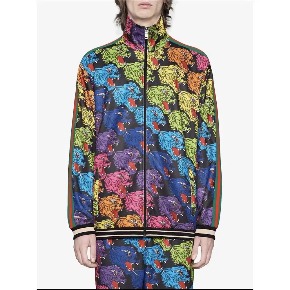 NWT Gucci Rainbow Panther Face Technical Web Striped Jersey Jacket 48/M $2480.00